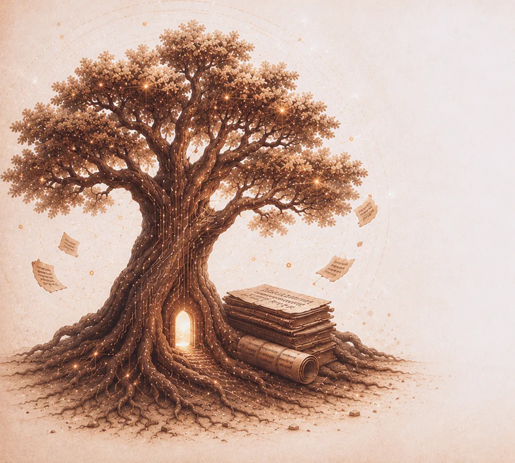 Banyan tree growing from an open manuscript, branches carrying glowing script