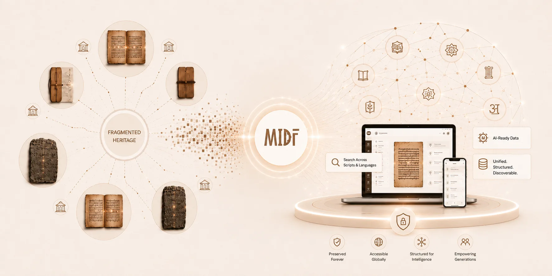 Fragmented heritage from scattered institutions flowing into MIDF and emerging as a unified, AI-ready platform — preserved forever, accessible globally, structured for intelligence, empowering generations