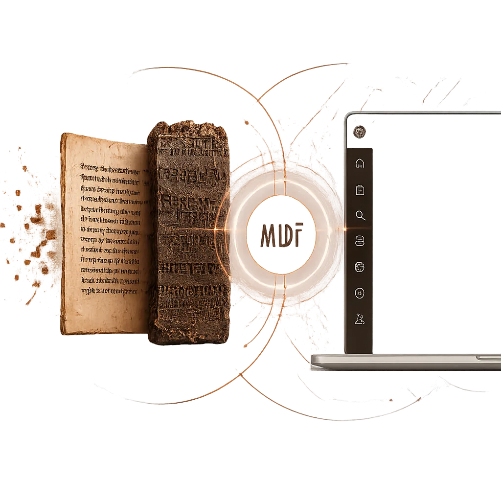 Fragmented manuscripts and inscriptions flowing through MIDF into a unified, AI-ready repository shown on a laptop